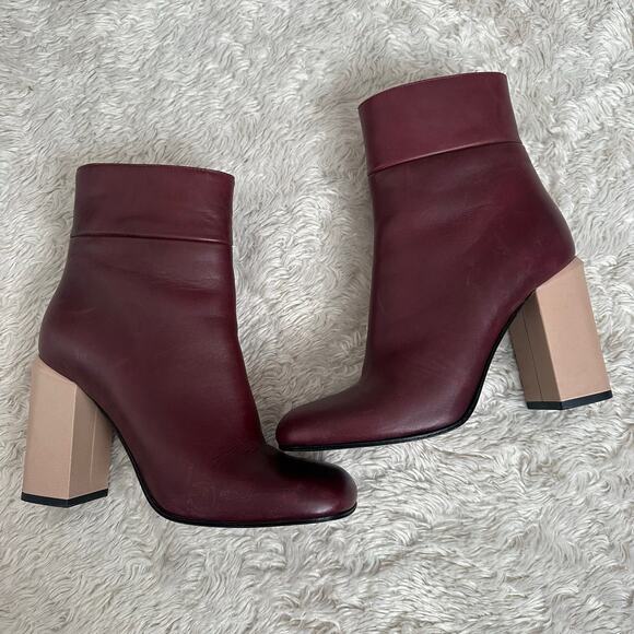 Marni Sz 7 Womens Ankle Leather Boots Block Heel Square Toe Maroon Red Nude - Picture 4 of 10